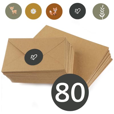 80x Bruine Kraft Enveloppen + Sluitstickers - C6 Formaat - Natuur - Duurzame Keuze - 100% gerecycled Kraft papier - A6 Envelop - ECO
