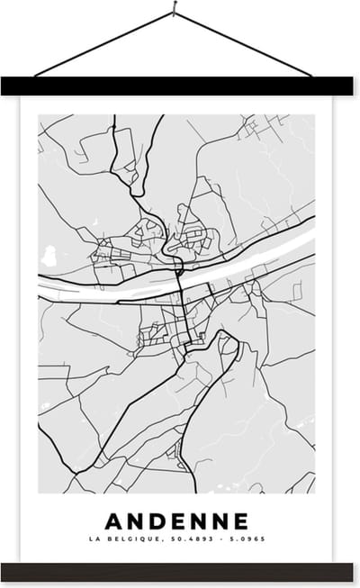 Posterhanger incl. Poster 40x60 cm - Schoolplaat - Zwart Wit – België – Plattegrond – Stadskaart – Kaart – Andenne - Textielposter - Zwarte latten - Stadskaart