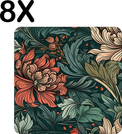 Luxe Placemat - Gekleurde Bloemen Patroon - Getekend - Set van 8 Placemats - 50x50 cm - 2 mm dik Vinyl - Anti Slip - Afneembaar