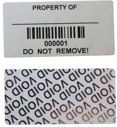 100 stuks op maat gemaakte schrijfbare sabotagedetectie activa labels - waterdicht, voorgedrukt met streepjescode
