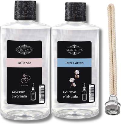 Scentchips Belle vie + Pure cotton + Lont - Geurolie Voor Oliebrander Set van 2 - Inclusief Geurlont - Parfum Olie - Geurolie Voor Lampenolie - Geurlamp Olie - 475ml x 2