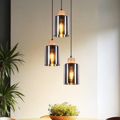 NETTLIFE Hanglamp - 3xE27 - rond - Hout en Glas - rookgrijs - Eetkamerlamp hangend - industriële stijl - voor Slaapkamer Woonkamer Eetkamer - zonder lamp