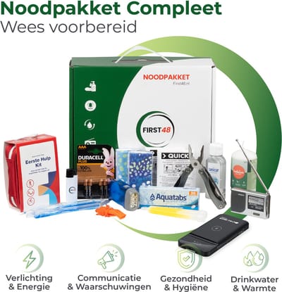 Noodpakket 72 uur - Compleet pakket First48 - noodpakket voor thuis - denk vooruit- Survival kit - Noodradio - Powerbank - Aquatabs - Noodfluitje - Multitool - EHBO kit - noodkaars - reddingspakket - reddingsdeken - zaklamp - handgel -ciris kit