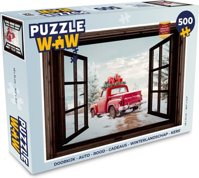 Puzzel Doorkijk - Auto - Rood - Cadeaus - Winterlandschap - Kerst - Legpuzzel - Puzzel 500 stukjes - Kerst - Cadeau - Kerstcadeau voor mannen, vrouwen en kinderen