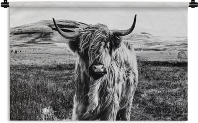 Wandkleed - Wanddoek - Zwart - Wit - Schotse Hooglander - Gras - 180x120 cm - Wandtapijt