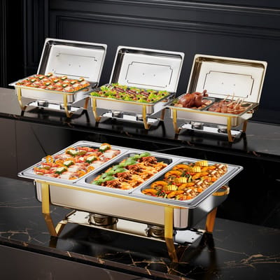 Warmounts 4-delige Gouden Chafing Dish Set – 7,6L Rechthoekige Warmhoudbakken van RVS met Meerdere Inzetbakken, Opvouwbaar Frame & Dekselhouder