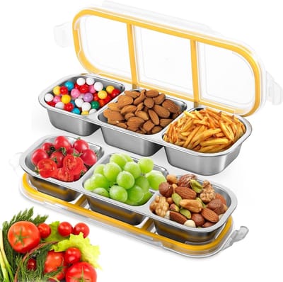 longziming - Lunchbox - 2 Stuks - Lekdichte RVS Bewaardoos - Drie Aparte Compartimenten - Stapelbaar Ontwerp - Roestvrij RVS 304 - Ideaal Voor Portiecontrole - 600ML