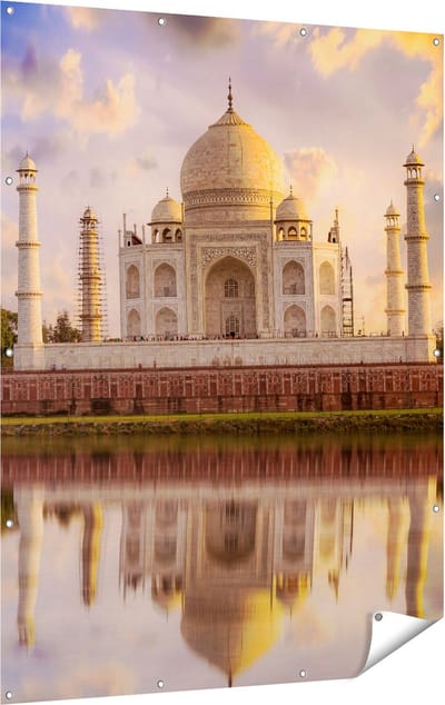 Gards Tuinposter Taj Mahal bij het Water in India - 120x160 cm - Tuindoek - Tuindecoratie - Wanddecoratie buiten - Tuinschilderij