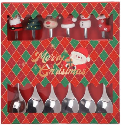Dailygoods- Kerstlepelset 6-delig - Roestvrijstalen Koffielepels - Decoratieve Theelepels - Creatief Servies - Geschikt voor Desserts