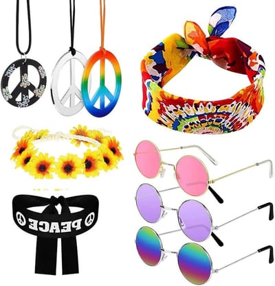 Retro Hippie Kostuum Set met Ronde Zonnebril, Vredesteken Ketting en Kleurrijke Haarband voor 70s en 80s Feestjes