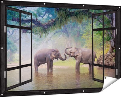 Gards Tuinposter Doorkijk Twee Olifanten in het Water - 150x100 cm - Tuindoek - Tuindecoratie - Wanddecoratie buiten - Tuinschilderij