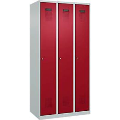 C+P Evolo Plus garderobekast, 3 vakken, rechts scharnierend, cilinderslot, B 900 x D 500 x H 1850 mm, lichtgrijs/ruy rood