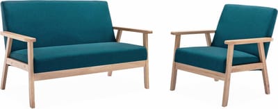 sweeek - Tweezits bankje en fauteuil van hout met stoffen zitting - isak
