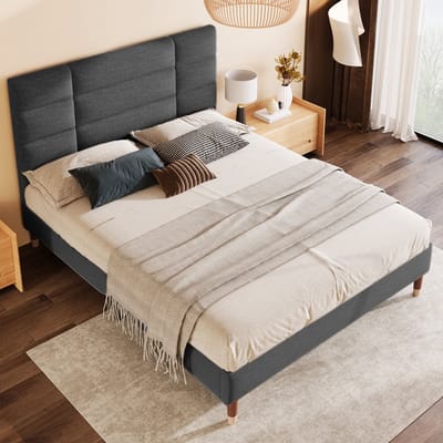 DESMIU Gestoffeerd Bed 140x200cm – Bedframe Met Hoofdbord – Opbergruimte Onder Het Bed – Voor Volwassenen En Jongeren – Linnenstijl – Grijs