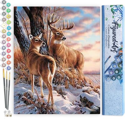 Figured'Art Schilderen op Nummer Volwassenen canvas Herten in de winter - Handwerk acrylverf Kit DIY Compleet - 40x50cm zonder frame