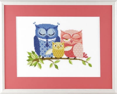 Pako Borduurpakket - telpatroon met codekaart - familie uil - 238.220 - voorgesorteerd garen - Aida - 24 x 18 cm - DIY kit