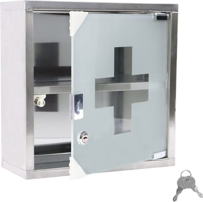 NAIZY Medicijnkastje 2 compartimenten Apothekerskast Gemaakt van roestvrij staal met gematteerde glazen magnetische deur & 2 sleutels Afsluitbare hangende medicijnkast, 30x12x30cm