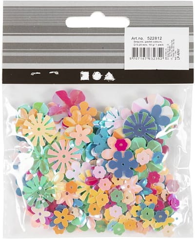 Pailletten, afm 6-20 mm, ca. 390 stuk, pastelkleuren, 10 gr/ 1 doos