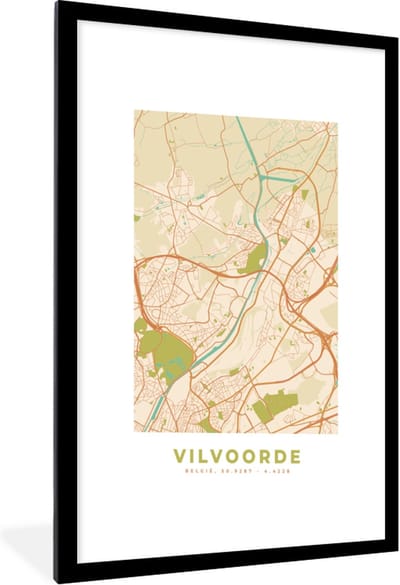 Fotolijst incl. Poster - Plattegrond - Stadskaart - Vintage - Vilvoorde - Kaart - 60x90 cm - Posterlijst