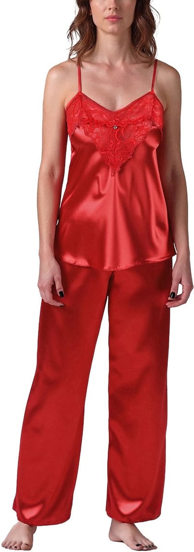 Vivisence Pyjama Set Satijn Verstelbare Bandjes Comfortabel Ideaal Voor Nachtkleding 2035, Rood,S