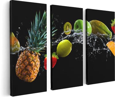 Artaza Canvas Schilderij Drieluik Fruit Met Water Op Zwart Achtergrond - 120x80 cm - Wanddecoratie Woonkamer - Schilderijen - Muurdecoratie