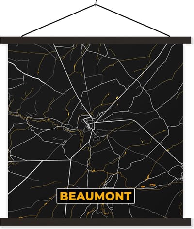 Posterhanger incl. Poster 60x60 cm - Schoolplaat - Goud - Kaart - Beaumont - Plattegrond - Stadskaart - Textielposter - Zwarte latten - Stadskaart