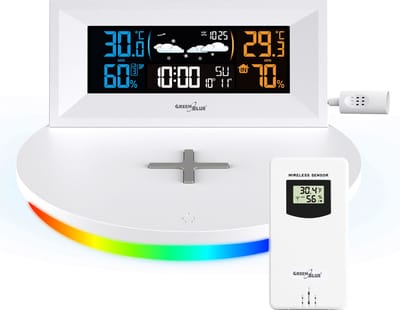 GreenBlue - Draadloos weerstation met draadloze Qi-oplader |  Mood Light Base -  Externe Sensor Binnen- en Buitenthermometer - Wit