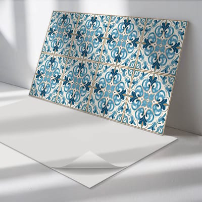 Wallfluent Vinyl Wandpaneel - Plantenpatroon in symmetrie Zelfklevende Wandbekleding - 100 cm x 50 cm - Blauw Vinyl Wandpaneel - 1 stuk - Rechthoekig Wandbekleding Vinyl - Texturen Wandpaneel - Wandpaneel PVC - Wandpaneel Keuken en Badkamer