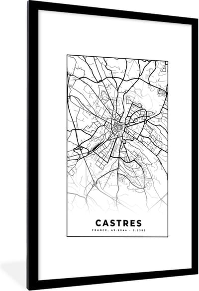Fotolijst incl. Poster Zwart Wit- Frankrijk - Kaart - Castres - Plattegrond - Stadskaart - Zwart wit - 60x90 cm - Posterlijst