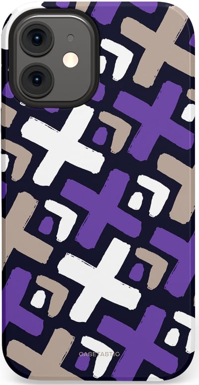 Casetastic hoesje geschikt voor Apple iPhone 12 Mini - Dubbellaagse bescherming - Fresh Paars Witte X's - Fashion Case - Donkerblauw Zilver Lavendel Wit