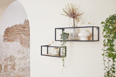Lifa Living - Wandrek Madrid - Set van 2 - Metaal en Natuurlijk Hout - Industrieel - 37 x 15 x 15 cm - 57 x 18 x 18 cm - Max. Capaciteit 2 kg