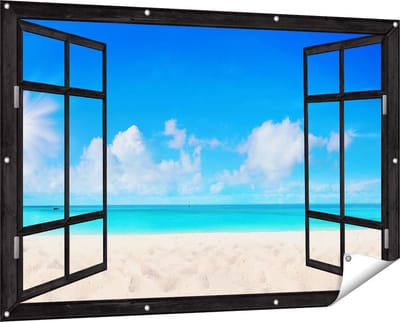 Gards Tuinposter Doorkijk Strand en Zee met Helder Witte Zand - 150x100 cm - Tuindoek - Tuindecoratie - Wanddecoratie buiten - Tuinschilderij