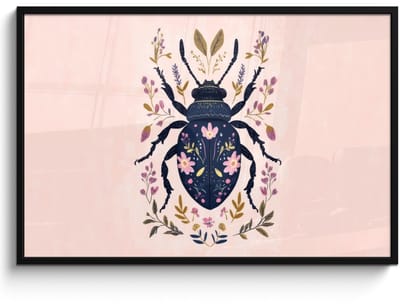 Poster in lijst - Fotolijst 120x80 cm - Posters - Donkerblauw - Kever - Bloemtakken - Sierlijk - Posterlijst zwart - Decoratie - Wanddecoratie woonkamer - Muurdecoratie slaapkamer