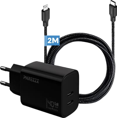 Phreeze usb C snellader geschikt voor iPhone en iPad - Met usb C naar Lightning kabel 2 meter - GaN snellader met 2 usb C poorten - 20w 20 watt usb c power adapter