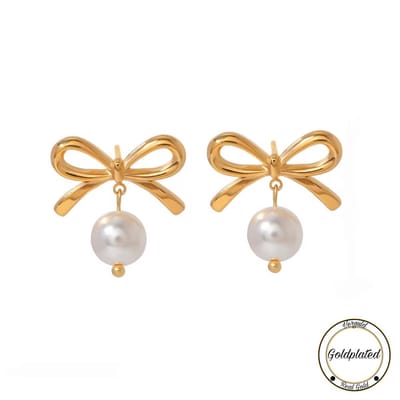 Borasi Strikjes Oorbellen Parel Hanger | Goldplated | Goudkleurig | Dames Sieraden | Cadeau Voor Haar | Luxe Geschenkzakje |
