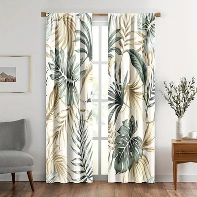 2 stuks Gordijn met Print van Palmbladeren, Tunnel voor Roede Raamdecoratie Voor Slaapkamer Kantoor Keuken Woonkamer Studeerkamer Huisdecoratie, Kamerdecoratie 150x166cm gray