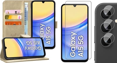 Hoesje geschikt voor Samsung Galaxy A15 - Screenprotector Glas & Camera - Portemonnee Book Case Goud