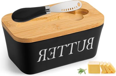 Ceramische Botervloot met Houten Deksel en Botermes, Multifunctionele Porseleinen Botervloot voor Keuken en Tafelgebruik, Stijlvolle Boterventilator voor Thuisgebruik