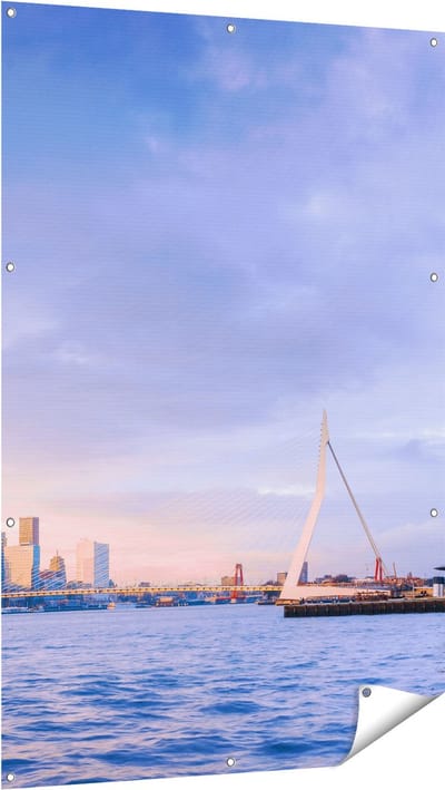 Gards Tuinposter Rotterdamse Skyline aan het Water - 100x150 cm - Tuindoek - Tuindecoratie - Wanddecoratie buiten - Tuinschilderij