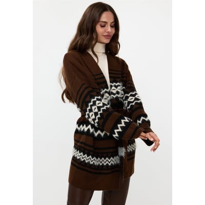 EsQualo Cardigan Hairy Ethnic Stripe Chocolate Maat: XS/S | Jassen Outlet | Dames | Bruin