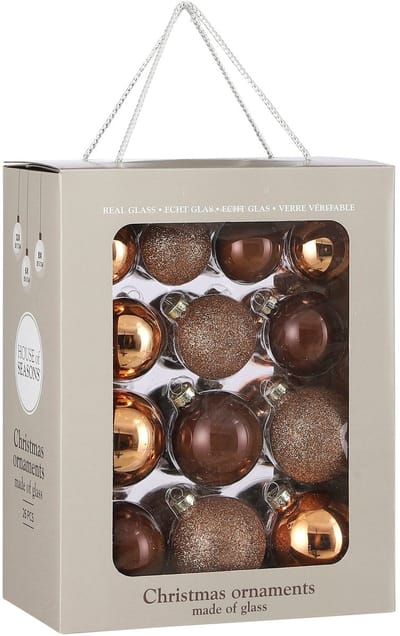 Mica Decorations Christmas Baubles Set - Kerstballen voor Kerstversiering - Glazen Ornamenten met Glans en Glitter Effect - Kerstballenset van 26 Stuks met Piek - Ø7 cm - Bruin