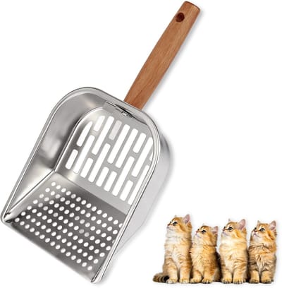 Kattenbak schep-met houten handvat-metaal-snelzeef-diepe schep-filter-mestverzamelaar-eenvoudig te monteren