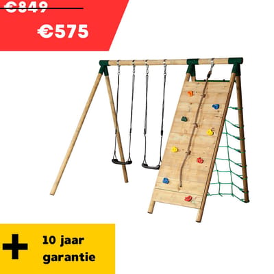 Hörby Bruk® Dubbele Schommel - Inclusief klimwand - Inclusief Klimnet, 2 schommelzitjes en 4 grondankers - Houten Schommel - Speeltoestel buiten - Buitenspeelgoed - LxBxH 295 x 295 x 200 cm - 10 jaar garantie - 100% FSC hout