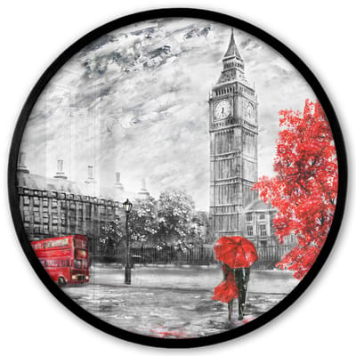 Poster in lijst Rond - Fotolijst 40x40 cm - Posters - Schilderij - Big Ben - Rood - Paraplu - Ronde posterlijst zwart - Decoratie - Wanddecoratie woonkamer - Muurdecoratie slaapkamer