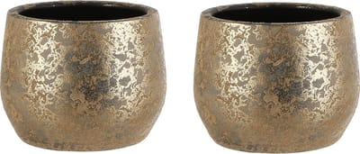 Mica Decorations Bloempot - Set van 2x stuks - goudkleurig - keramiek - 19 x 15 cm - plantenpotten