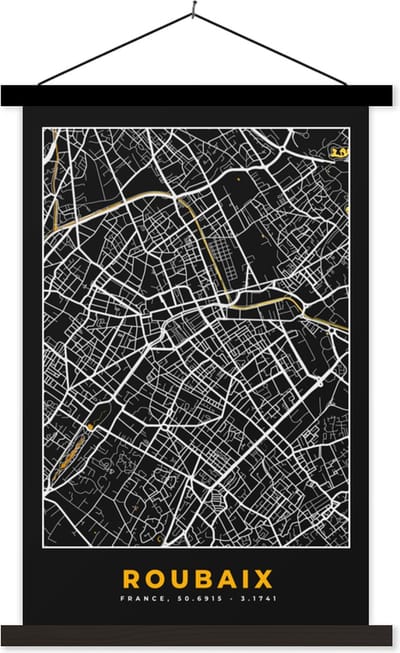 Posterhanger incl. Poster 40x60 cm - Schoolplaat - Stadskaart – Roubaix - Plattegrond – Kaart - Frankrijk - Textielposter - Zwarte latten - Stadskaart