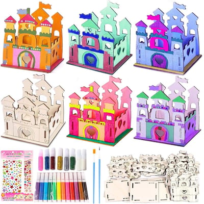 12 stuks Prinses Houten Slot Knutselset, Houten Knutselen Kinderen Meisjes, Prinses Schilderen Handwerk, Creatief DIY Knutselhandwerk Cadeau voor Verjaardagsfeestje Meisjes 3 4 5 6 7 8 9 10