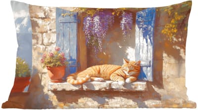 Sierkussens - Kussentjes Woonkamer - 60x40 cm - Kat - Stenen vensterbank - Bloemen