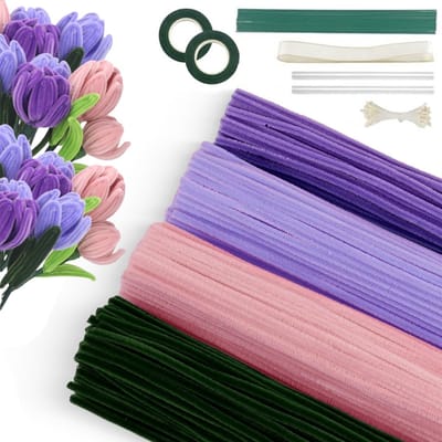 MDUG 400-delige knutselset met pijpenragers - Paars, Roze, Groen – DIY bloemenmaakset - Inclusief pijpenragers, bloementape, meeldraden en lint – Creatieve knutselset - Maak kleurrijke tulpen en decoratieve boeketten