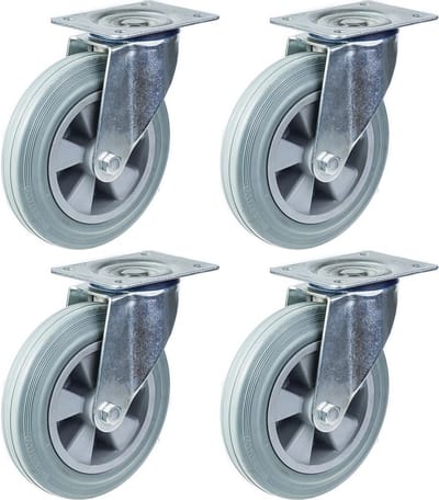 200 mm (8") zwenkwiel met grijze rubberen band, zeer stevig, draagvermogen 820 kg, set van 4